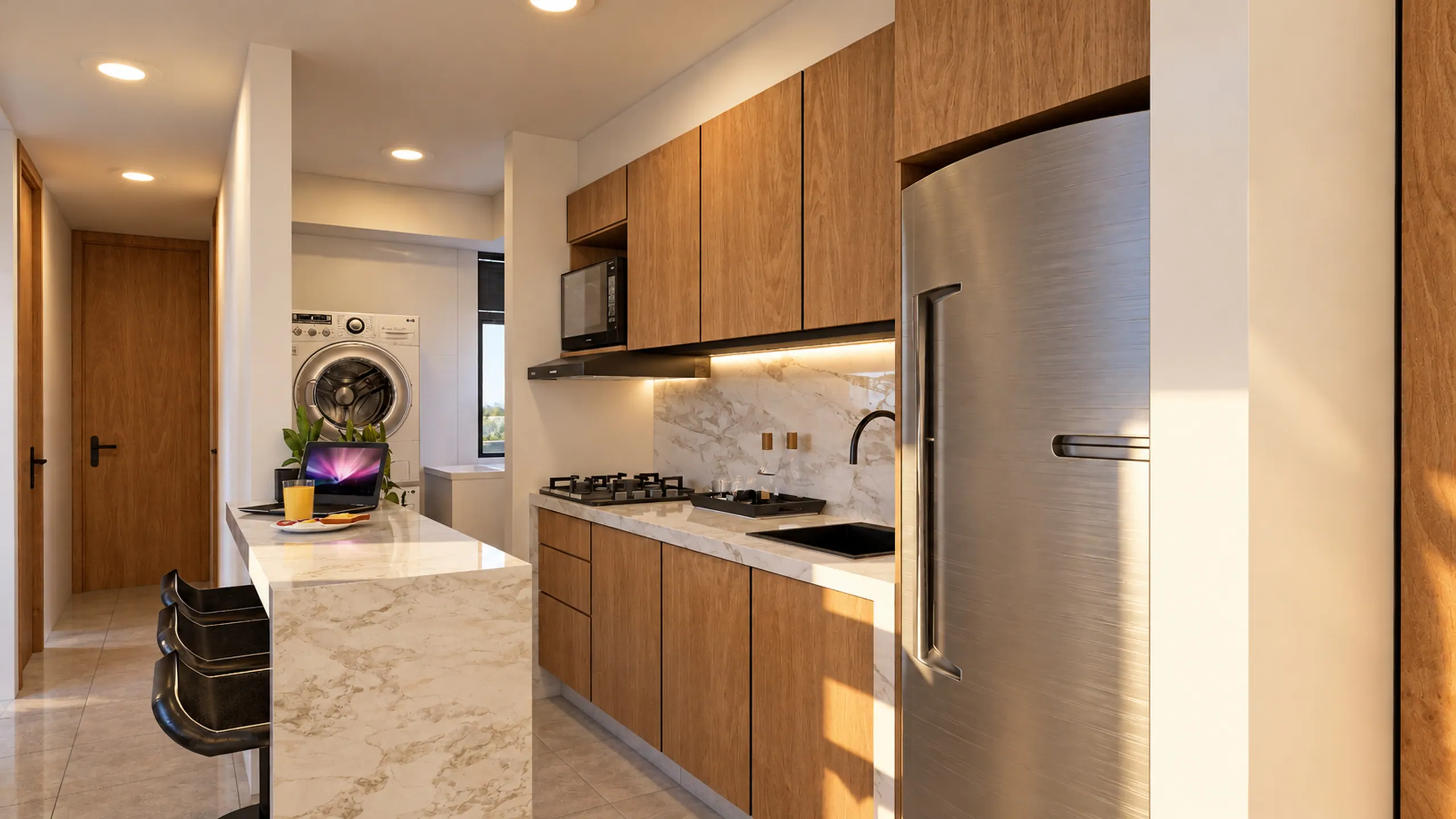 Cocina con mueble alto y nevera