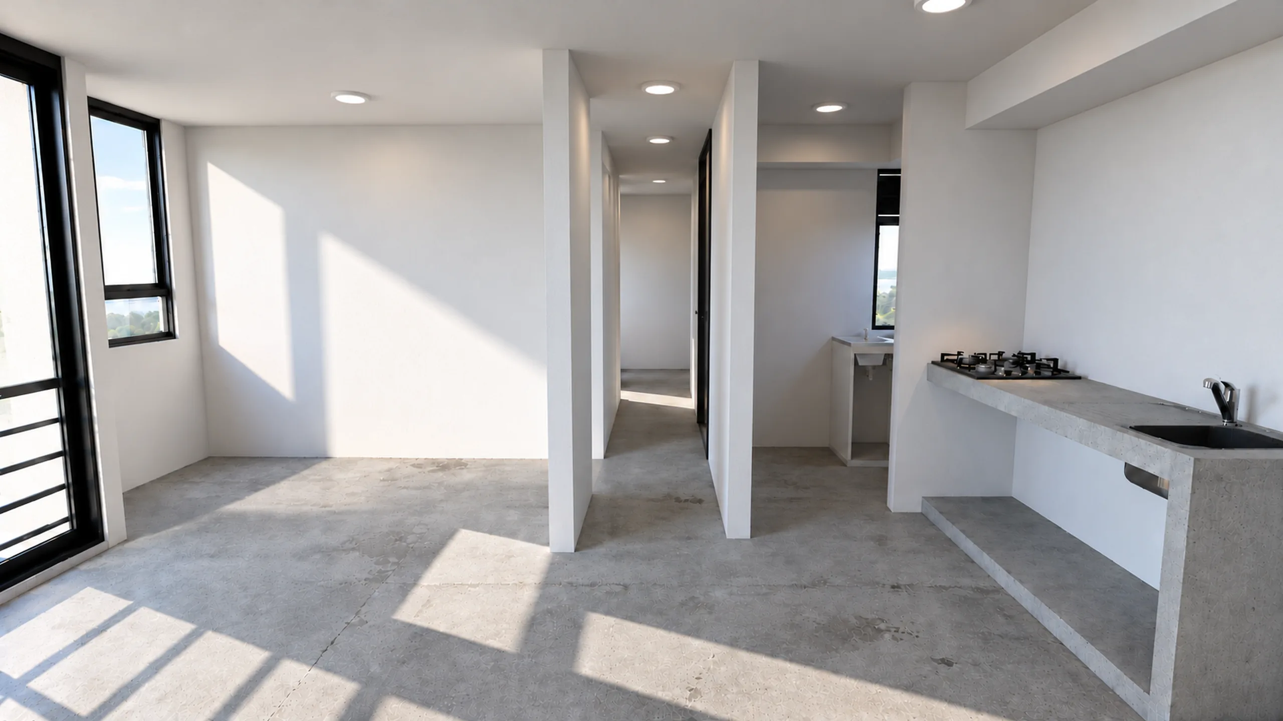 Pasillo y cocina en obra gris