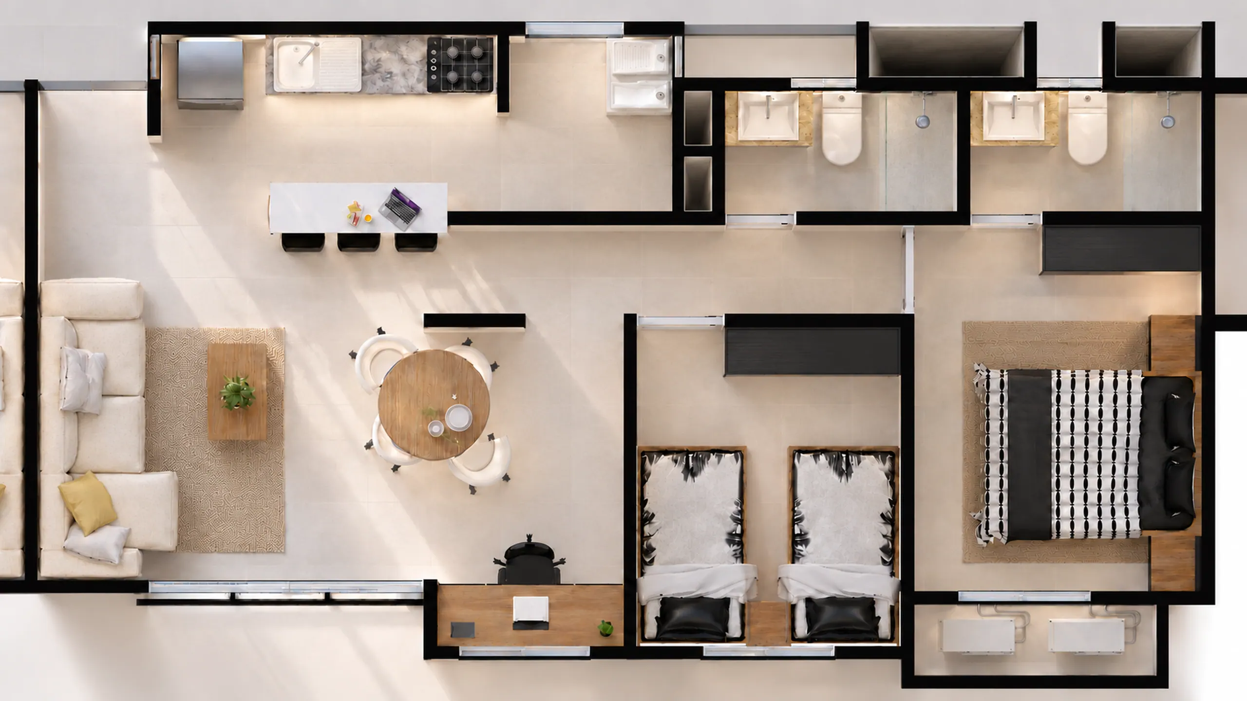 Planta del apartamento tipo con dos habitaciones