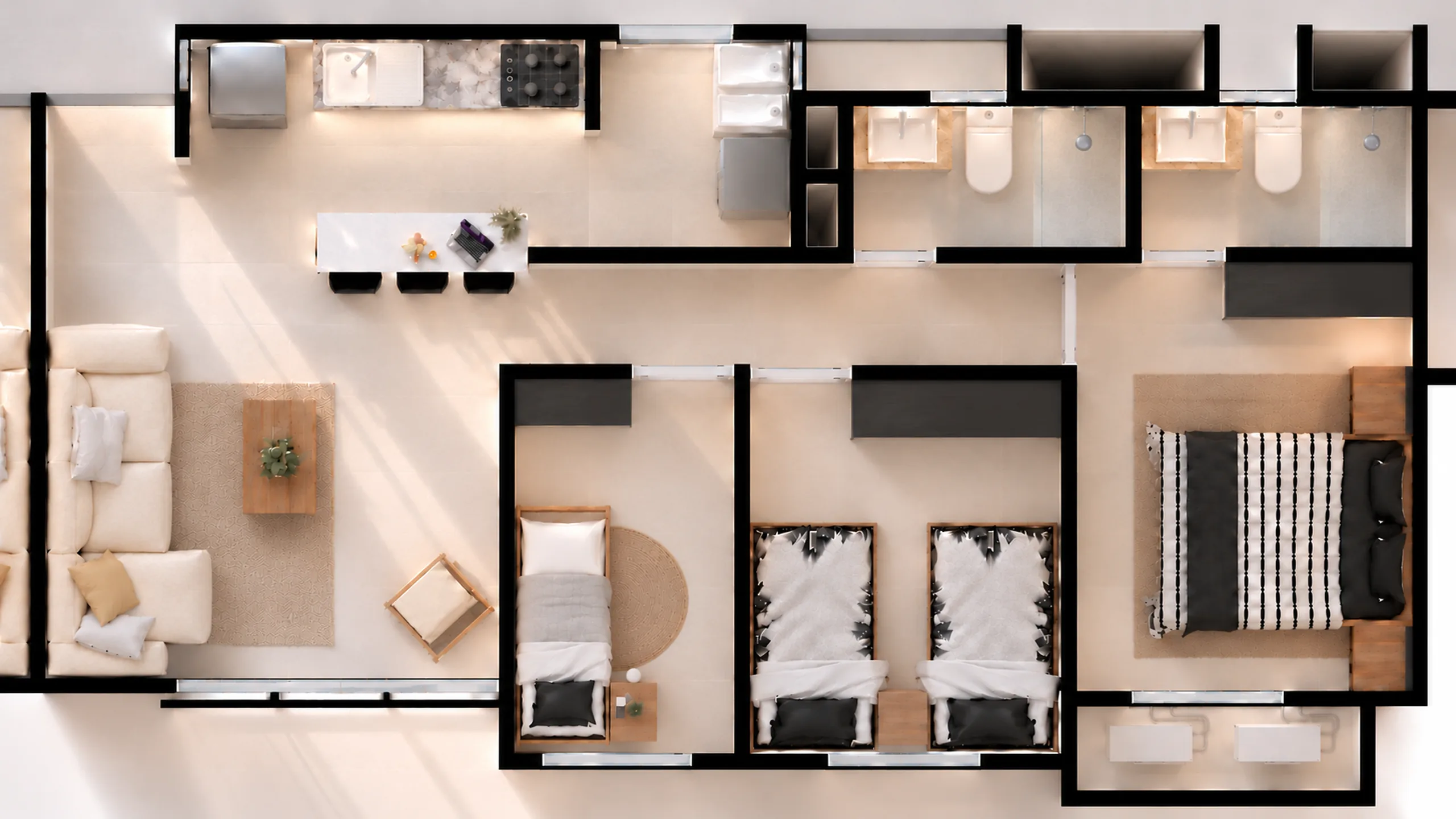 Planta del apartamento adecuado con tres habitaciones y dos baños